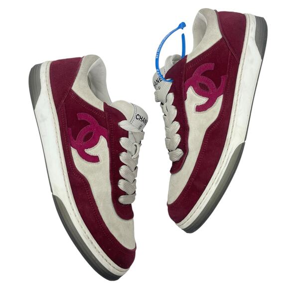 Chanel CC Logo Suede Kidskin Lace Up Sneakers Burgundy 2023 Size 36.5 - Picture 7 of 13